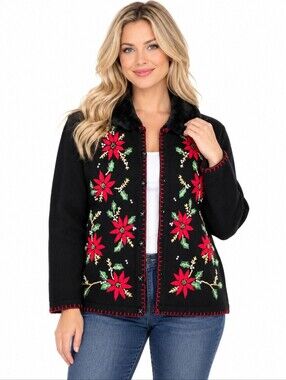 Ugly Christmas Sweater Cardigan Black Red Medium Faux Fur Collar Tacky Jeweled